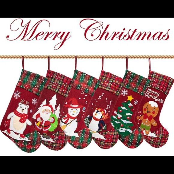 6 Pack Christmas Stockings(21inch) Embroidered Linen Applique Burlap - Picture 2 of 6